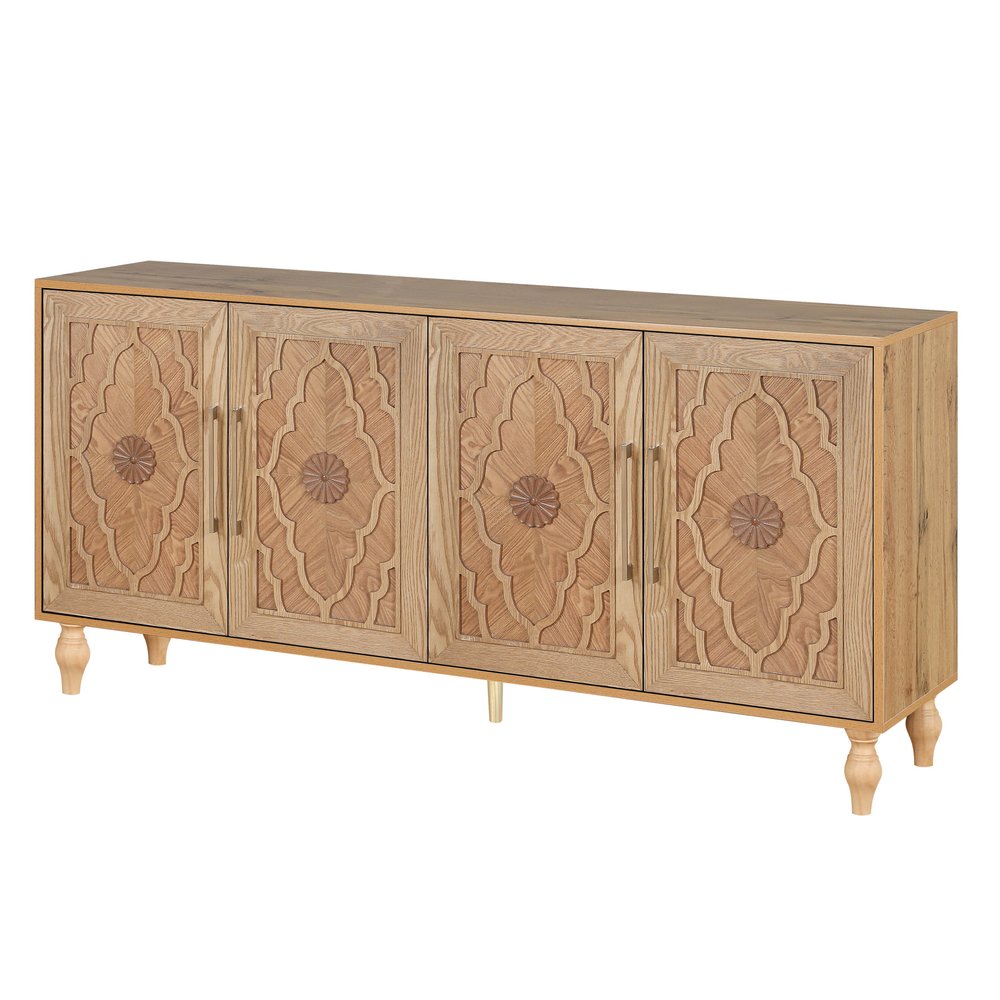 Natural Distressed Carved Geometric Sideboard with Four Doors - 68-inch