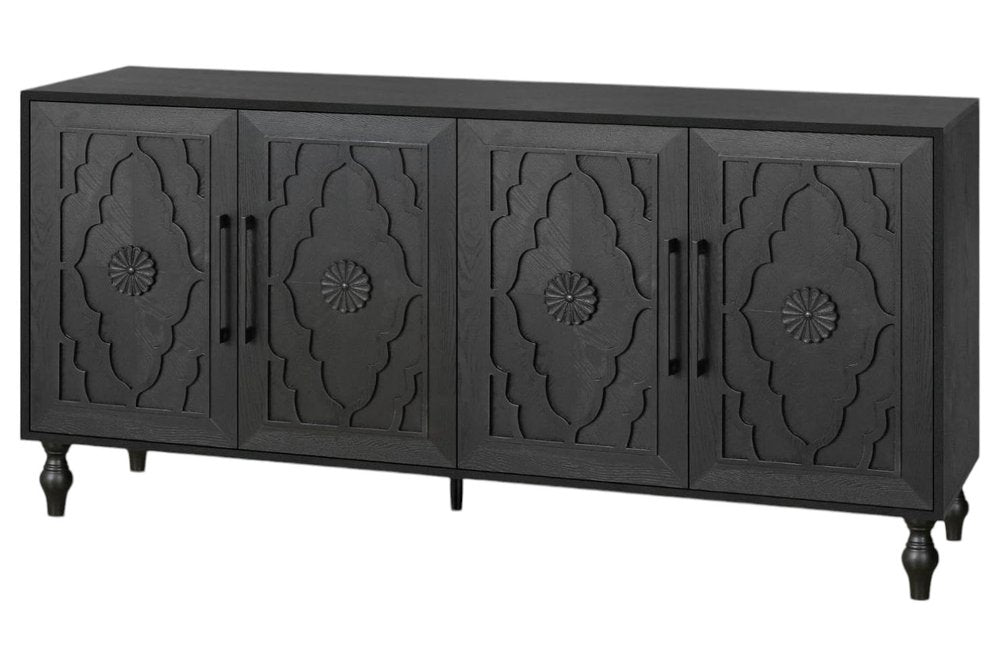 Black Distressed Carved Floral Sideboard with Four Doors - 68-inch