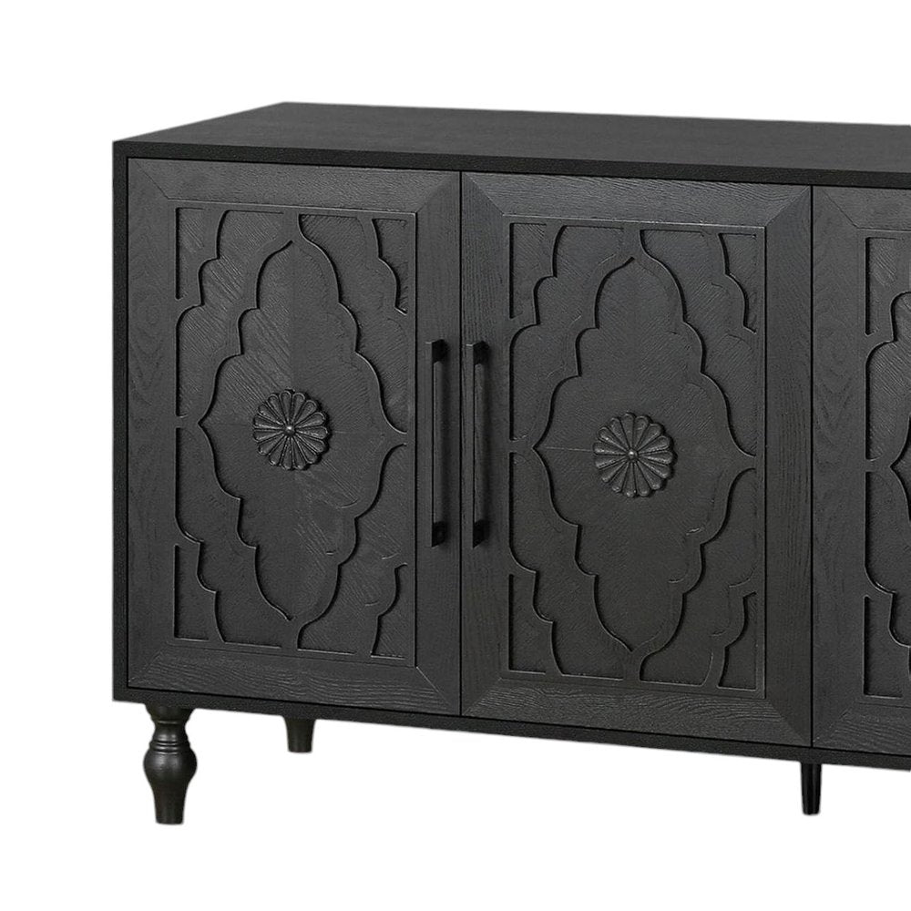Black Distressed Carved Floral Sideboard with Four Doors - 68-inch