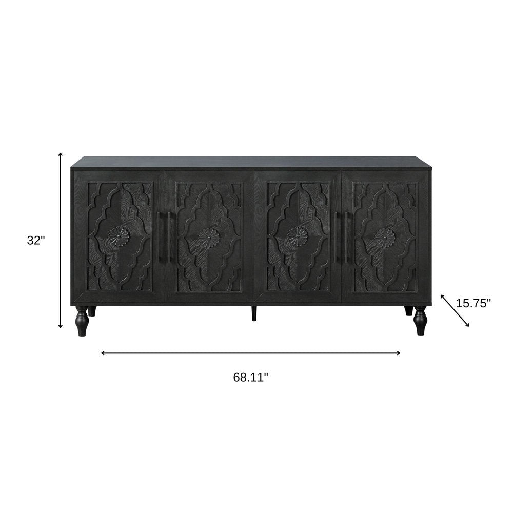 Black Distressed Carved Floral Sideboard with Four Doors - 68-inch