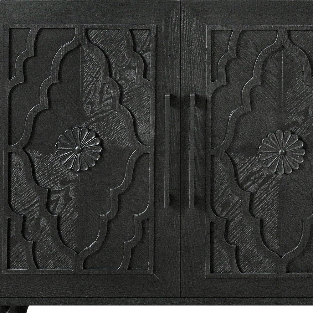 Black Distressed Carved Floral Sideboard with Four Doors - 68-inch