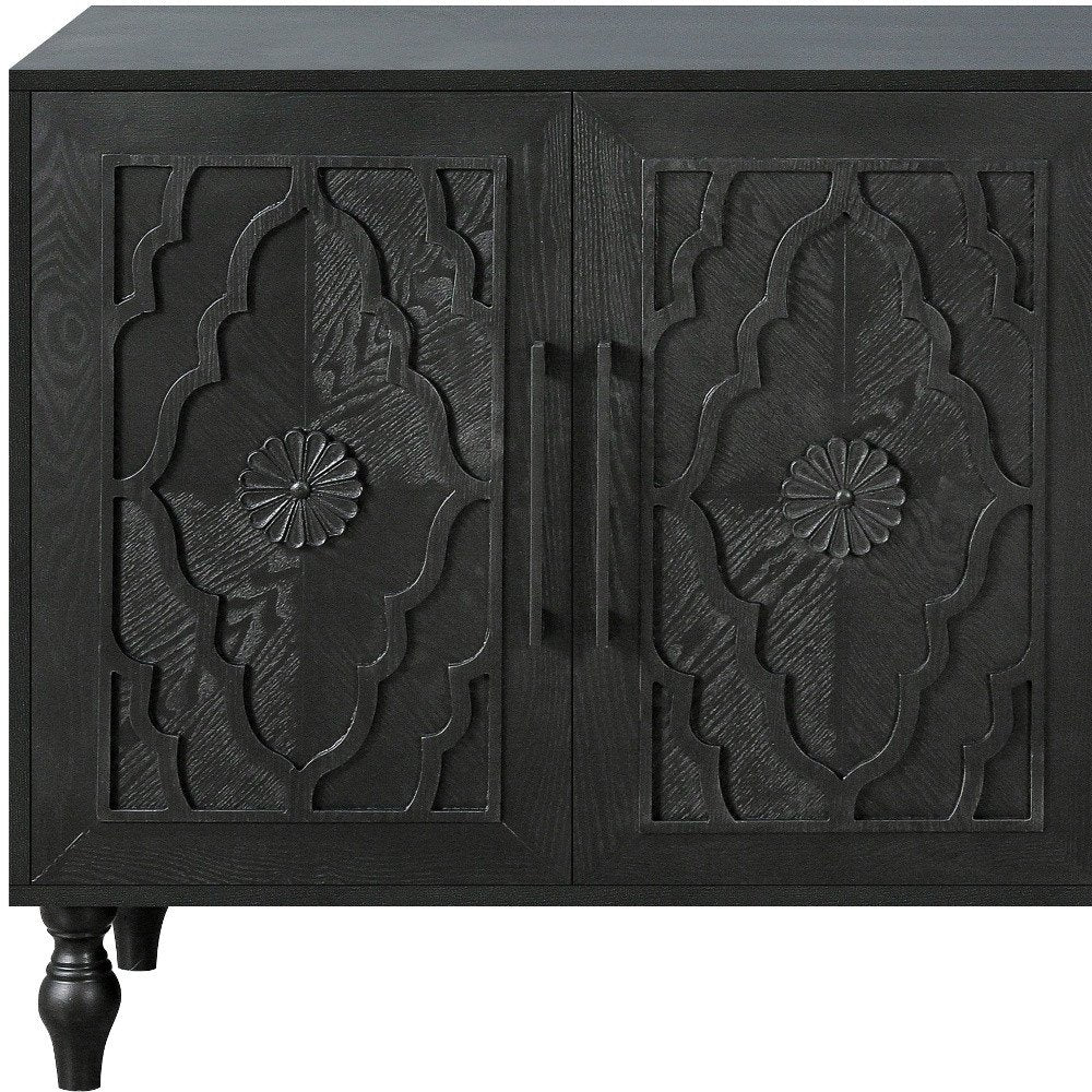 Black Distressed Carved Floral Sideboard with Four Doors - 68-inch