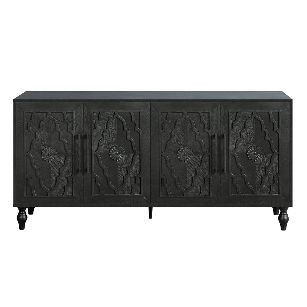 Black Distressed Carved Floral Sideboard with Four Doors - 68-inch