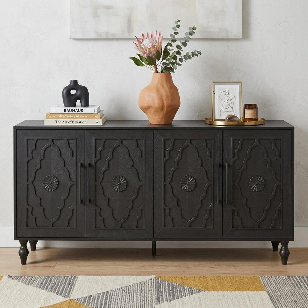 Black Distressed Carved Floral Sideboard with Four Doors - 68-inch