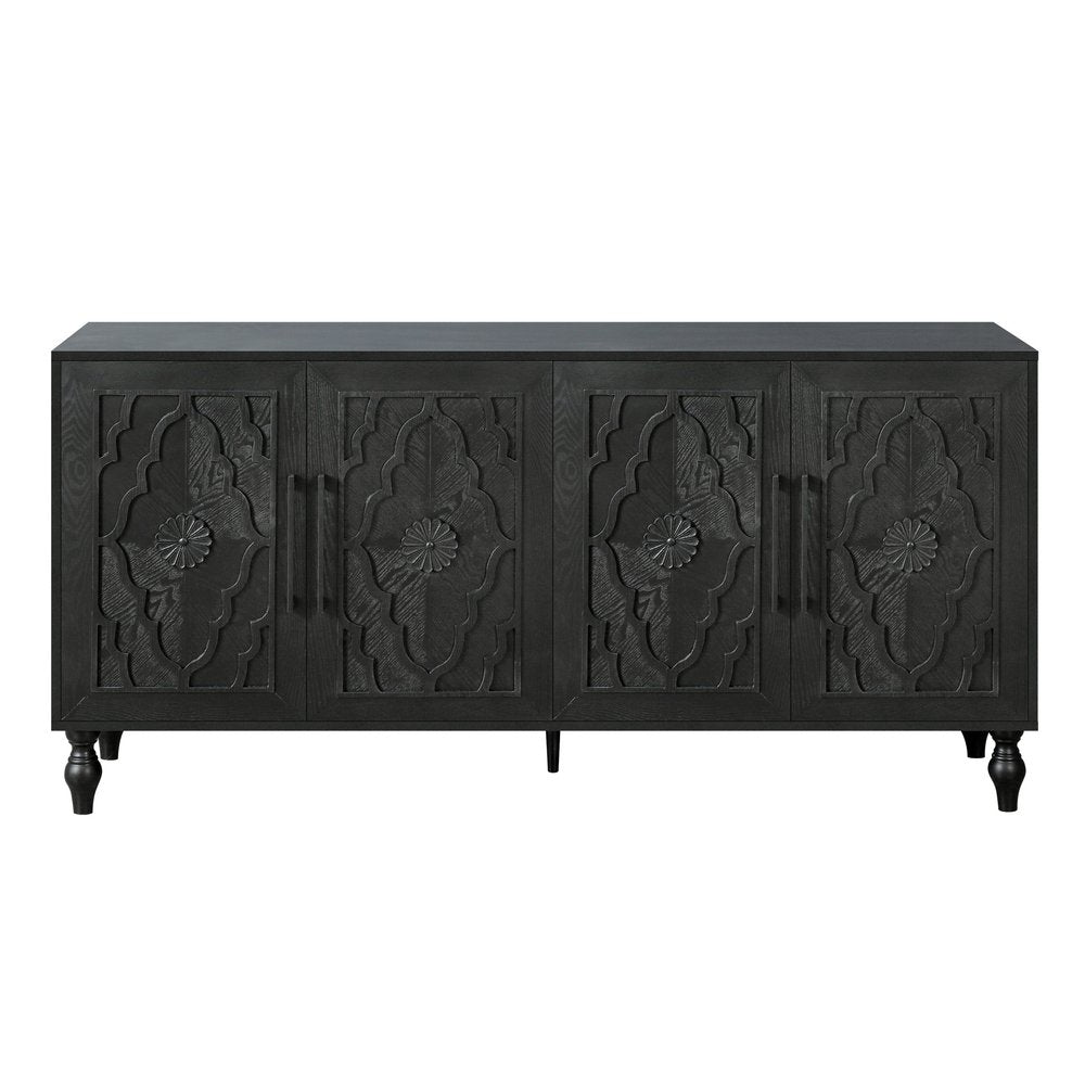 Black Distressed Carved Floral Sideboard with Four Doors - 68-inch