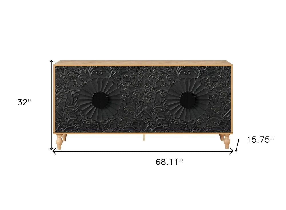 Natural and Black Distressed Carved Floral Sideboard with Four Doors - 68-inch
