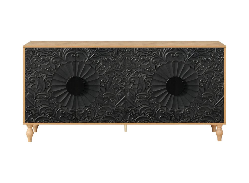 Natural and Black Distressed Carved Floral Sideboard with Four Doors - 68-inch