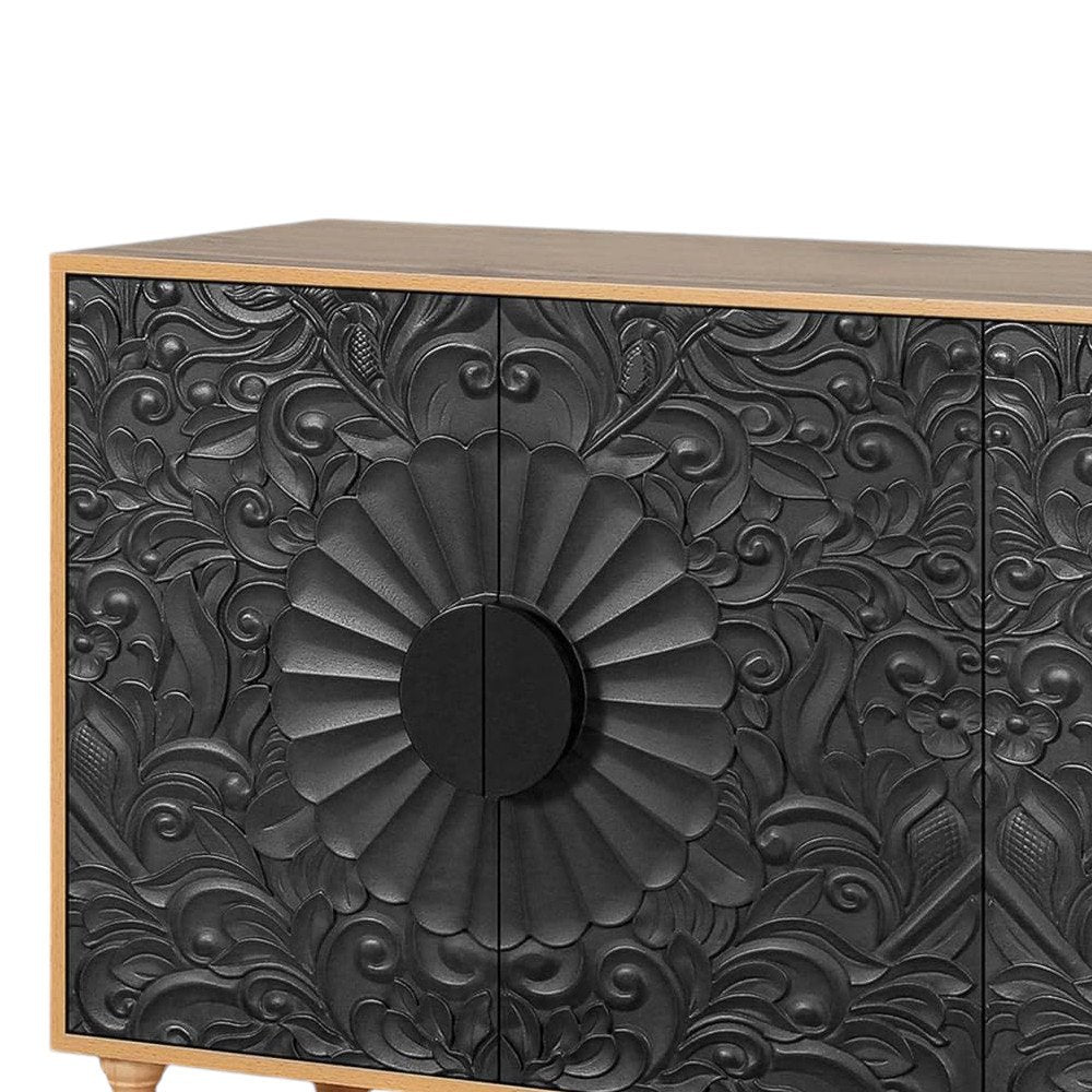 Natural and Black Distressed Carved Floral Sideboard with Four Doors - 68-inch