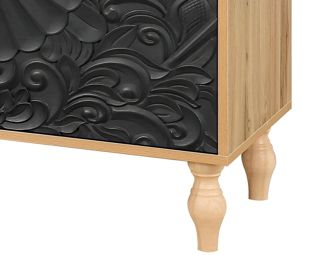 Natural and Black Distressed Carved Floral Sideboard with Four Doors - 68-inch