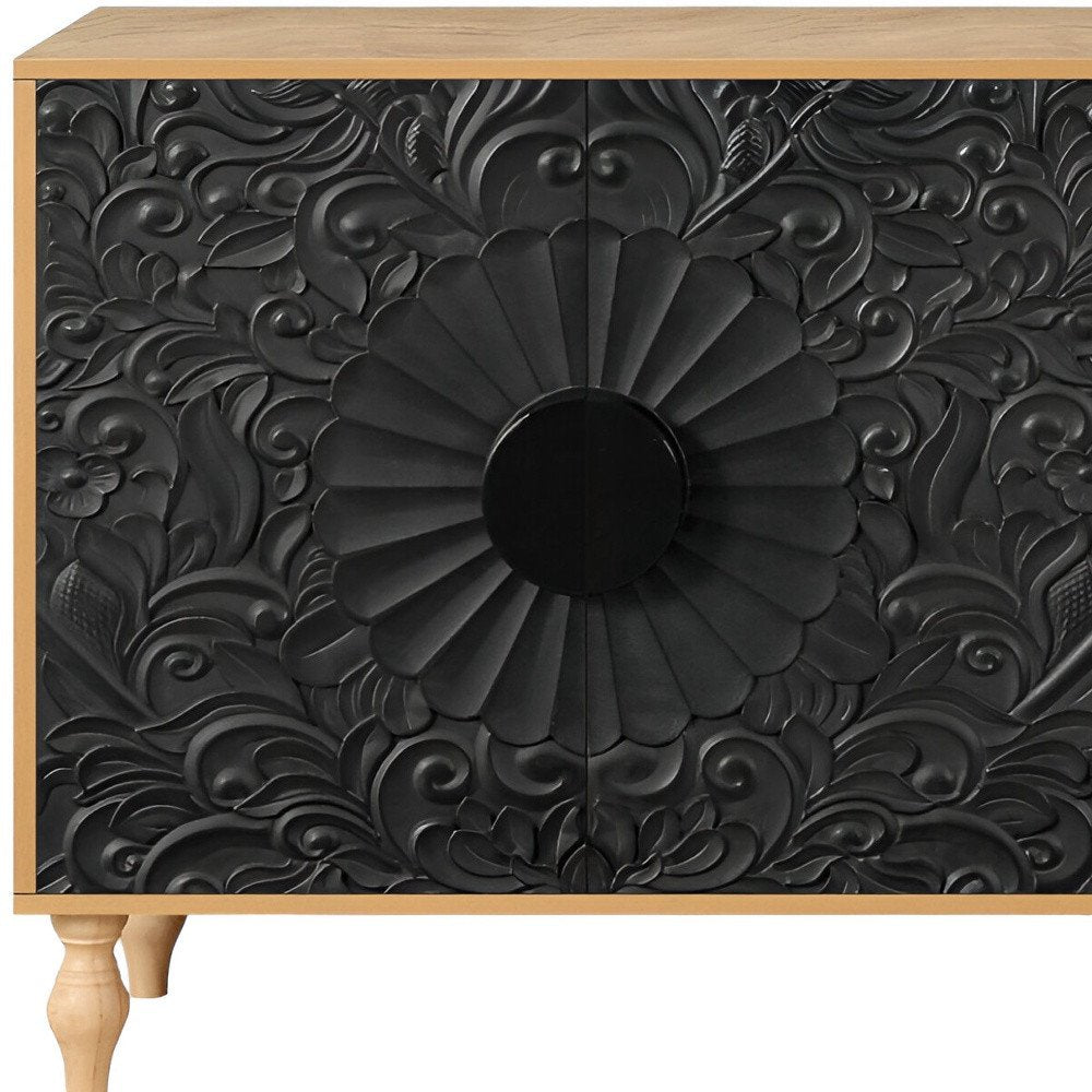 Natural and Black Distressed Carved Floral Sideboard with Four Doors - 68-inch