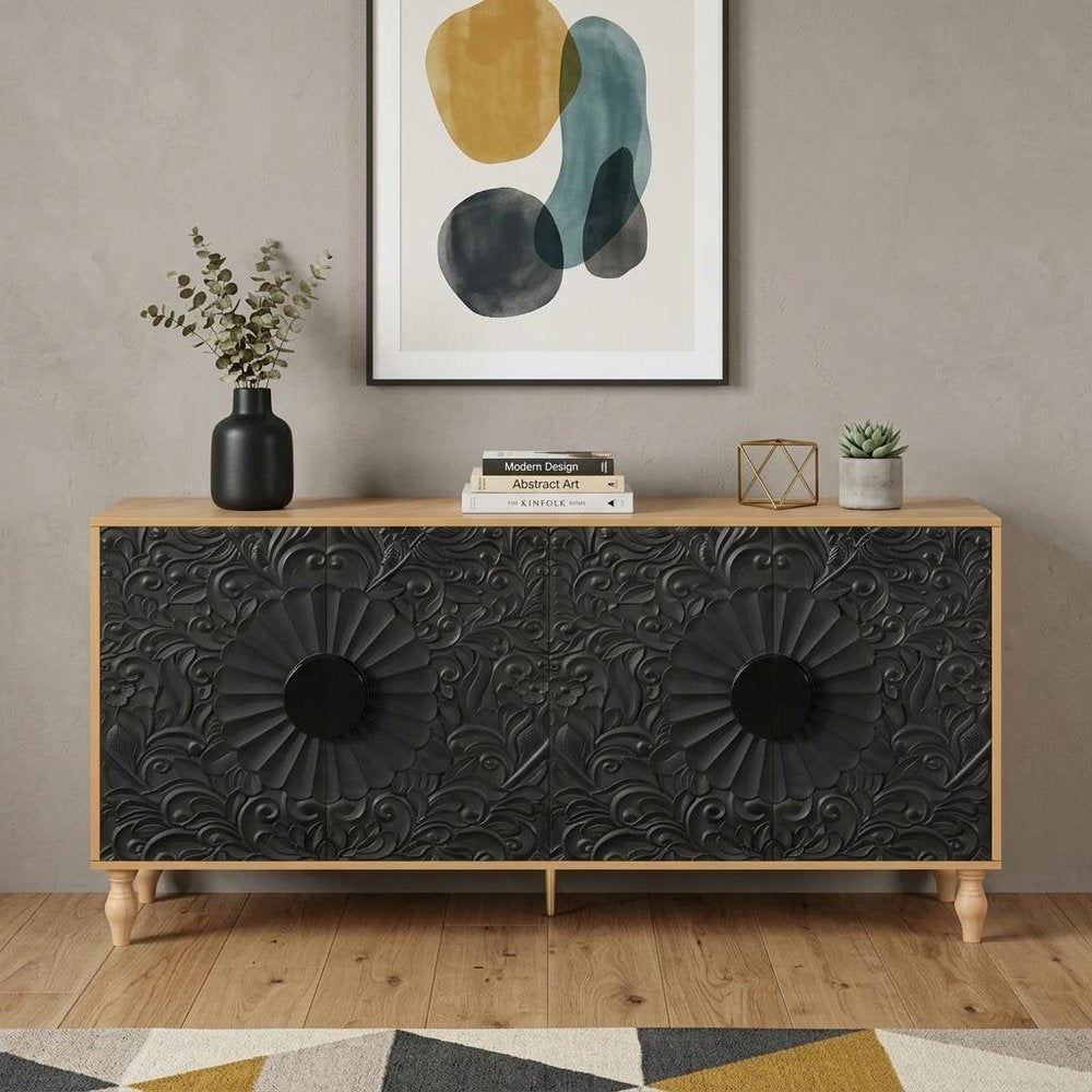 Natural and Black Distressed Carved Floral Sideboard with Four Doors - 68-inch