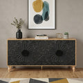 Natural and Black Distressed Carved Floral Sideboard with Four Doors - 68-inch