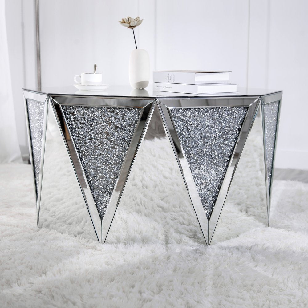 Silver Mirrored Glass and Faux Crystal Hexagon Drum Coffee Table