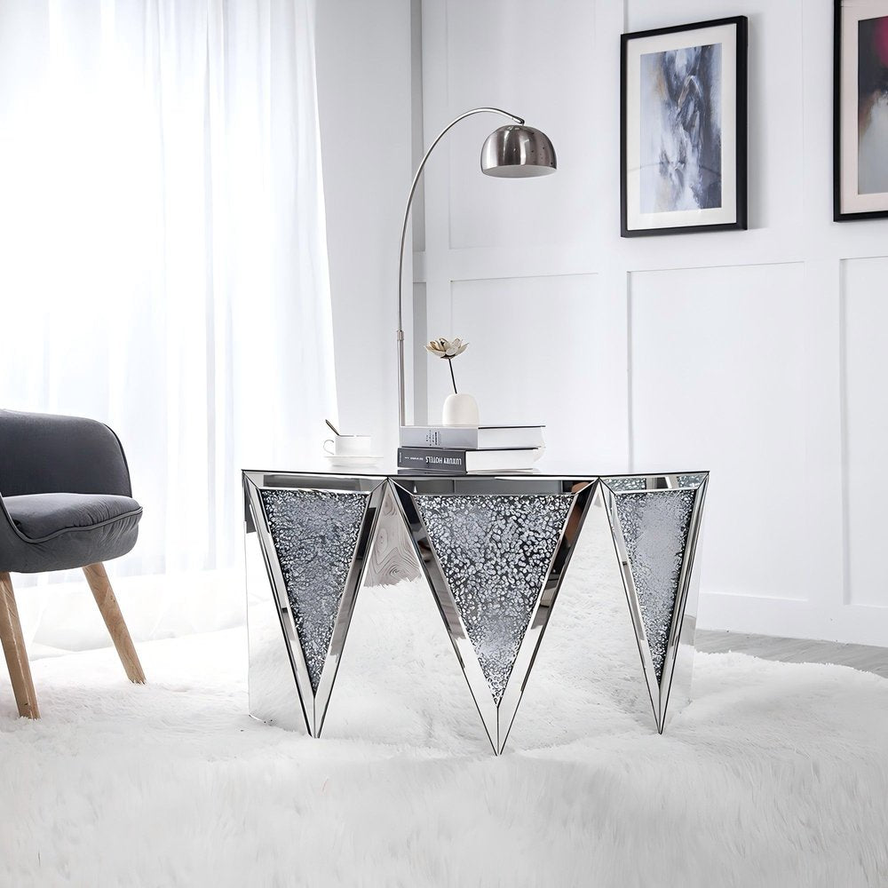 Silver Mirrored Glass and Faux Crystal Hexagon Drum Coffee Table