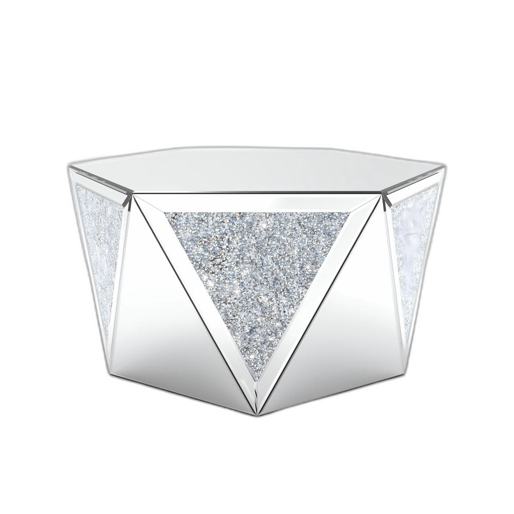 Silver Mirrored Glass and Faux Crystal Hexagon Drum Coffee Table