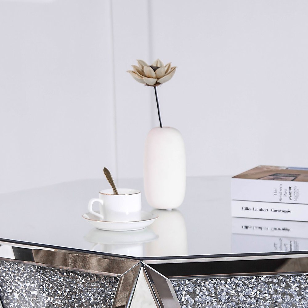 Silver Mirrored Glass and Faux Crystal Hexagon Drum Coffee Table