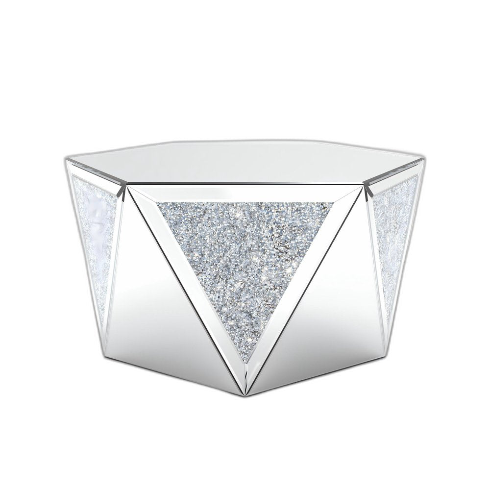 Silver Mirrored Glass and Faux Crystal Hexagon Drum Coffee Table