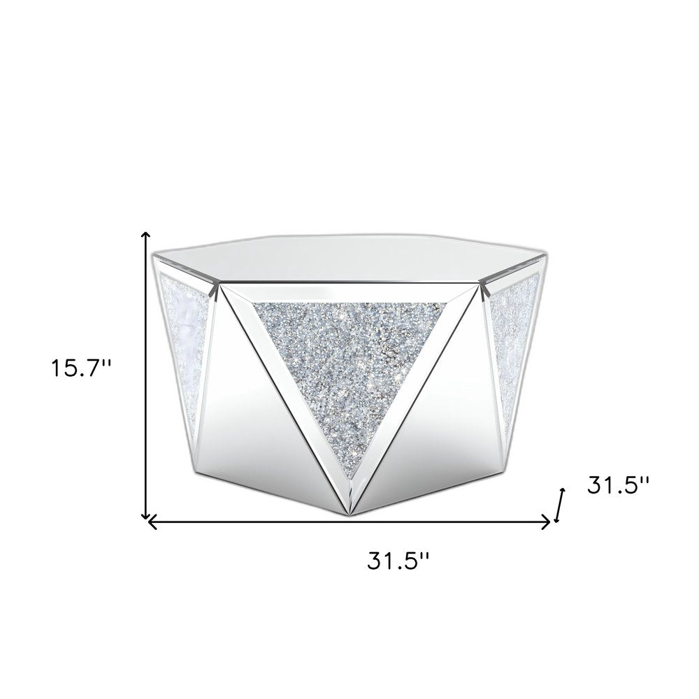 Silver Mirrored Glass and Faux Crystal Hexagon Drum Coffee Table