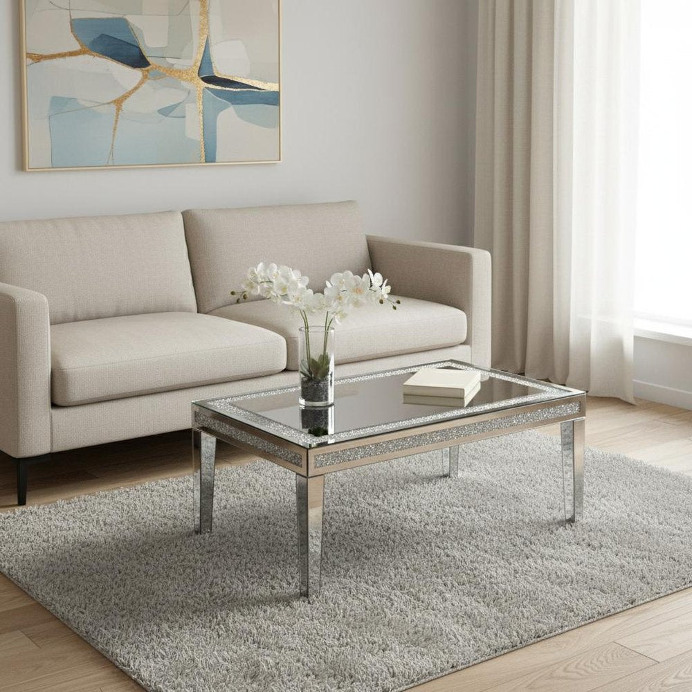 Clear and Silver Mirrored Faux Crystal and Glass Coffee Table