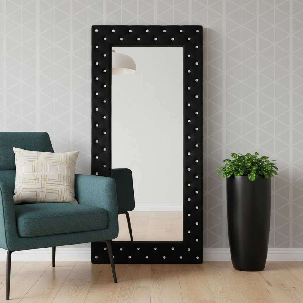 Black Wood and Faux Crystal Framed Freestanding and Wall Mount Standing Mirror