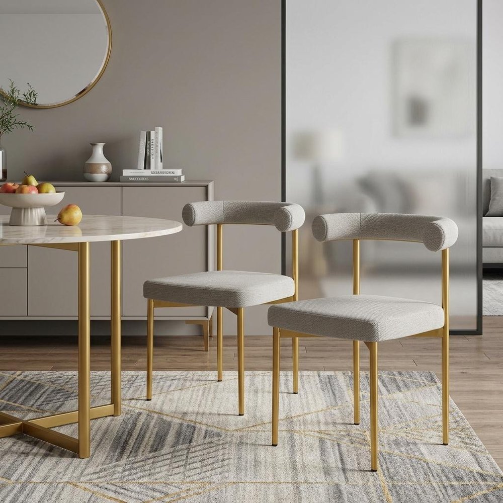 Set of Two Gray and Gold Upholstered Polyester Open Back Dining Side Chairs