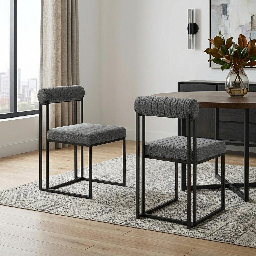 Set of Two Gray and Black Upholstered Polyester Open Back Dining Side Chairs