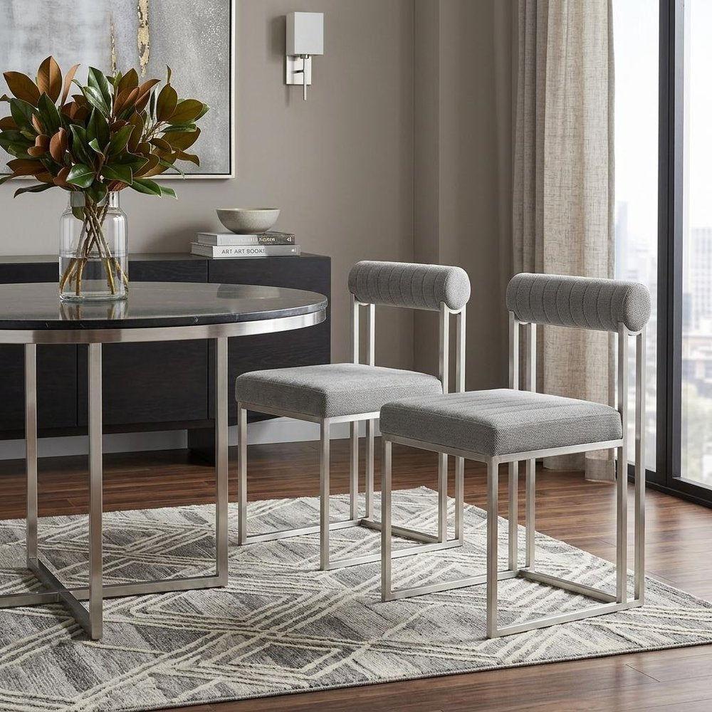 Set of Two Gray and Silver Upholstered Polyester Open Back Dining Side Chairs
