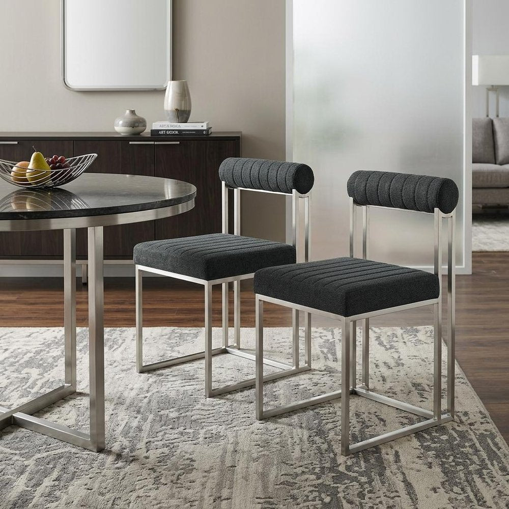 Set of Two Gray and Silver Upholstered Polyester Open Back Dining Side Chairs