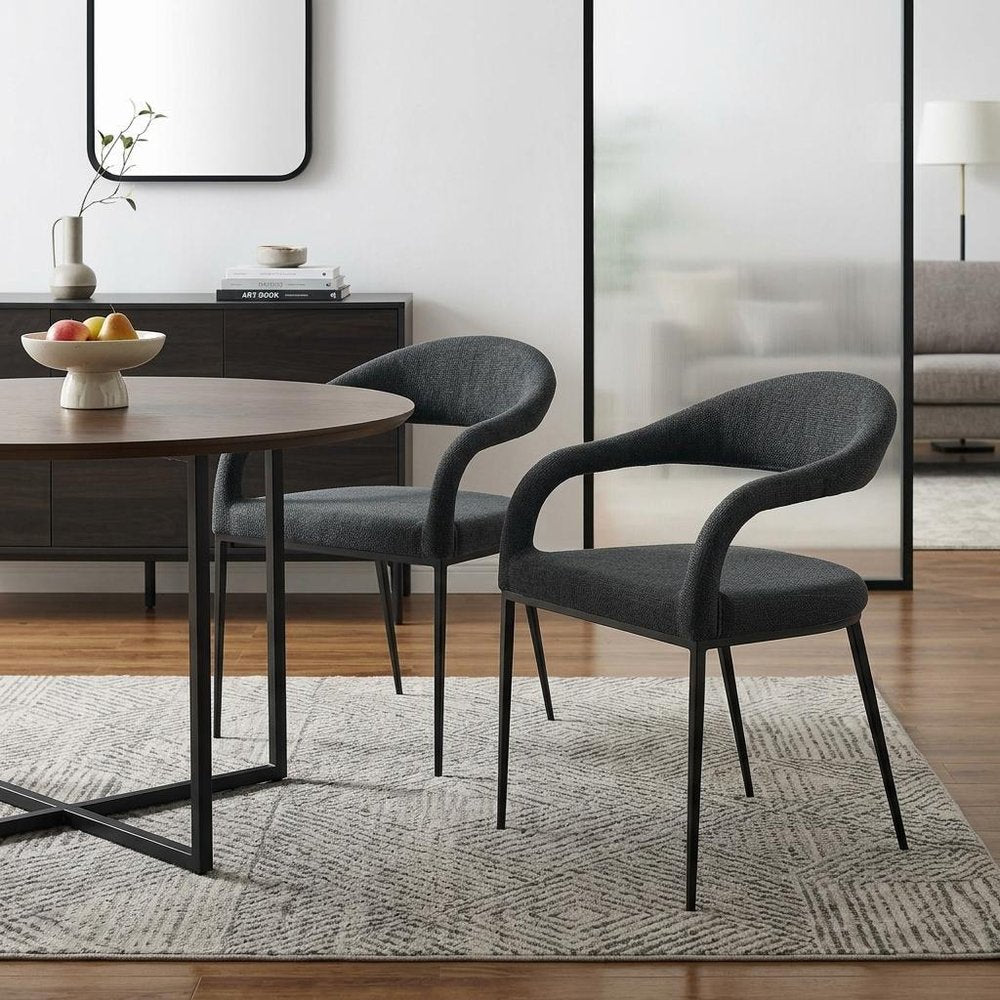 Set of Two Gray and Black Upholstered Polyester Open Back Dining Arm Chairs