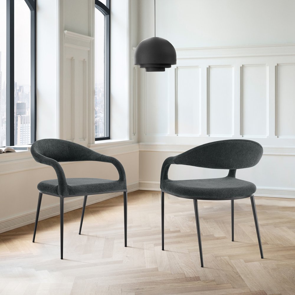 Set of Two Gray and Black Upholstered Polyester Open Back Dining Arm Chairs
