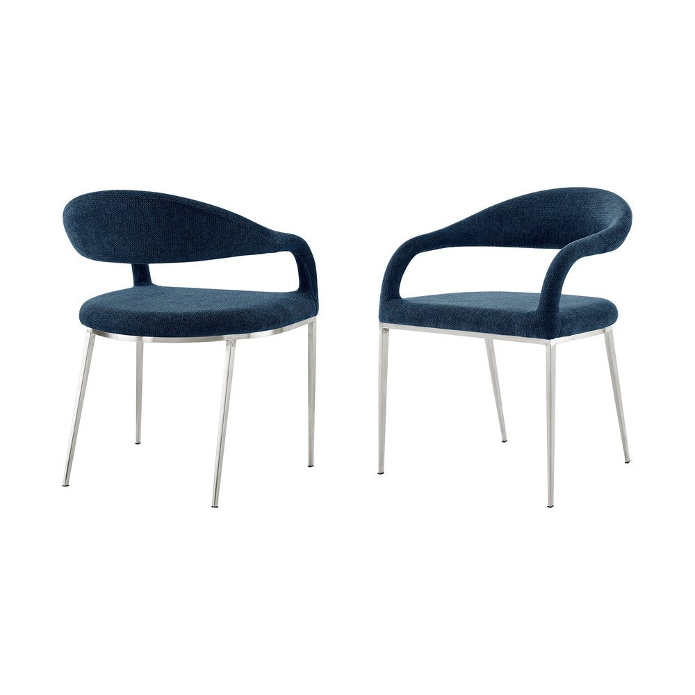 Set of Two Blue and Silver Upholstered Polyester Open Back Dining Arm Chairs