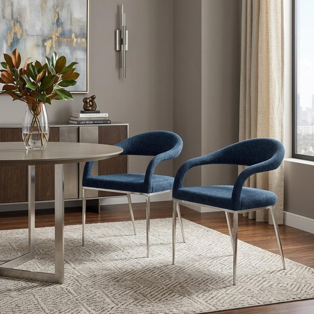 Set of Two Blue and Silver Upholstered Polyester Open Back Dining Arm Chairs