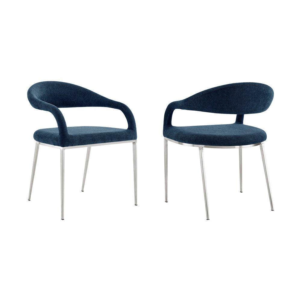 Set of Two Blue and Silver Upholstered Polyester Open Back Dining Arm Chairs