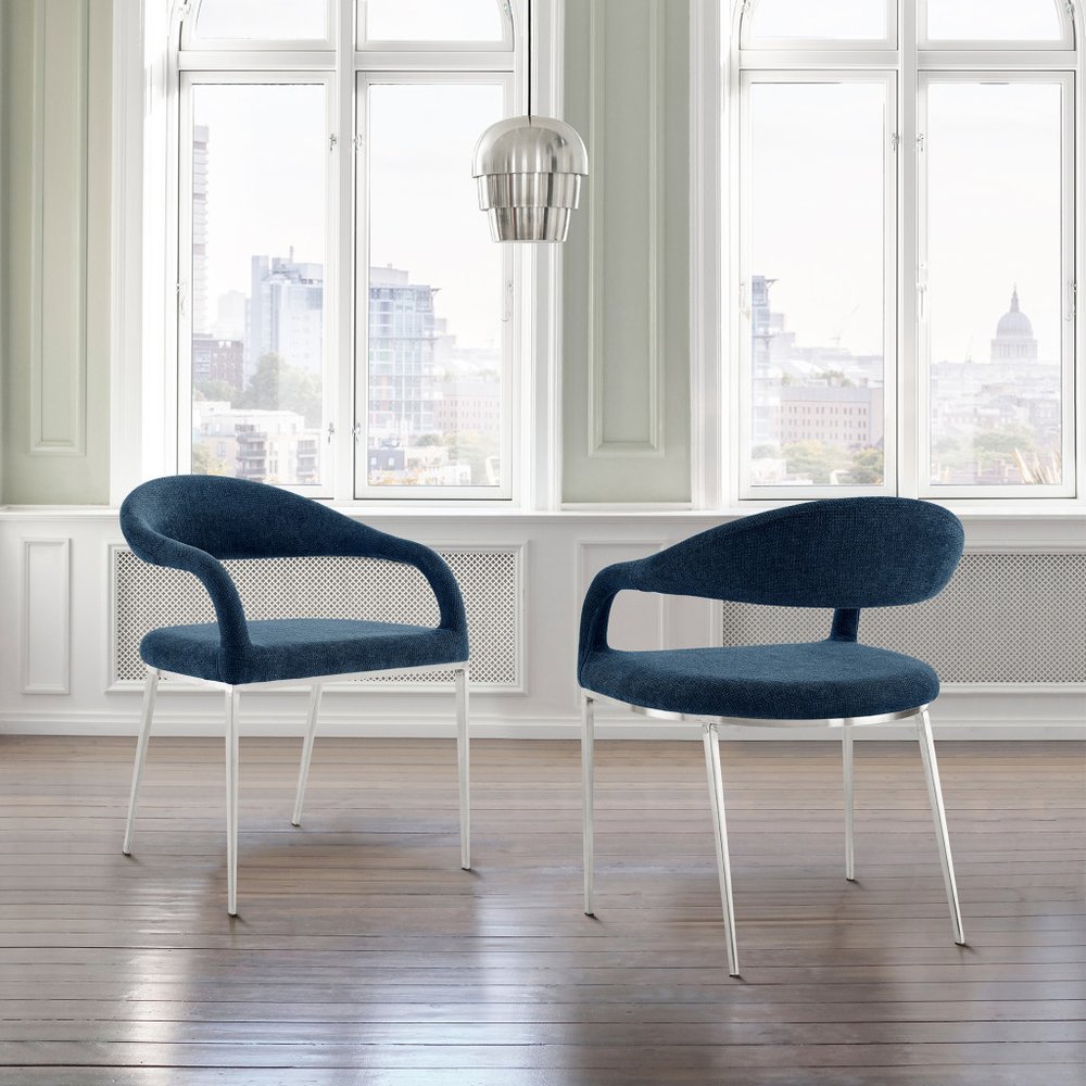 Set of Two Blue and Silver Upholstered Polyester Open Back Dining Arm Chairs
