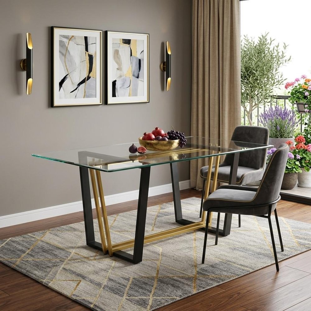 Clear and Gold Glass and Iron Sled Base Dining Table - 72-inch