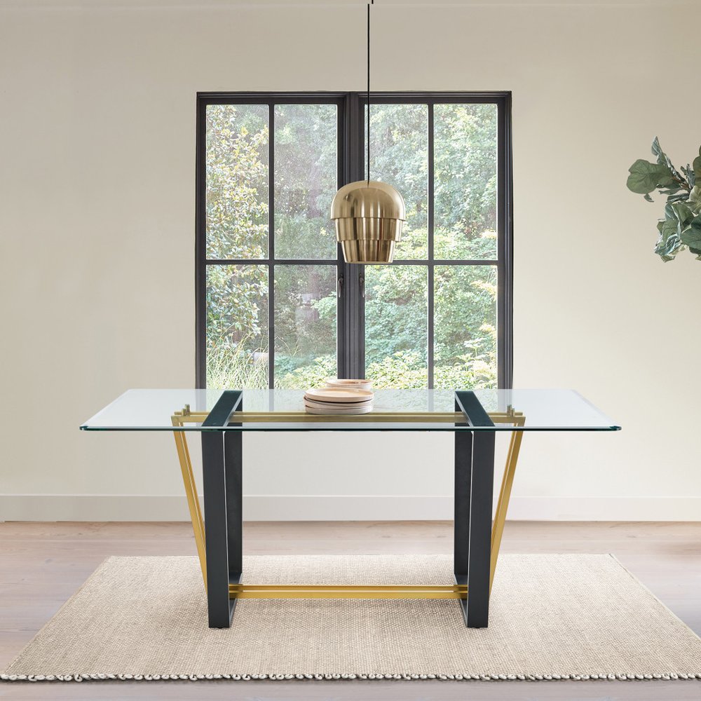 Clear and Gold Glass and Iron Sled Base Dining Table - 72-inch