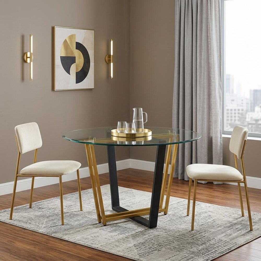 Clear and Gold Glass and Iron Sled Base Round Top Dining Table - 48-inch