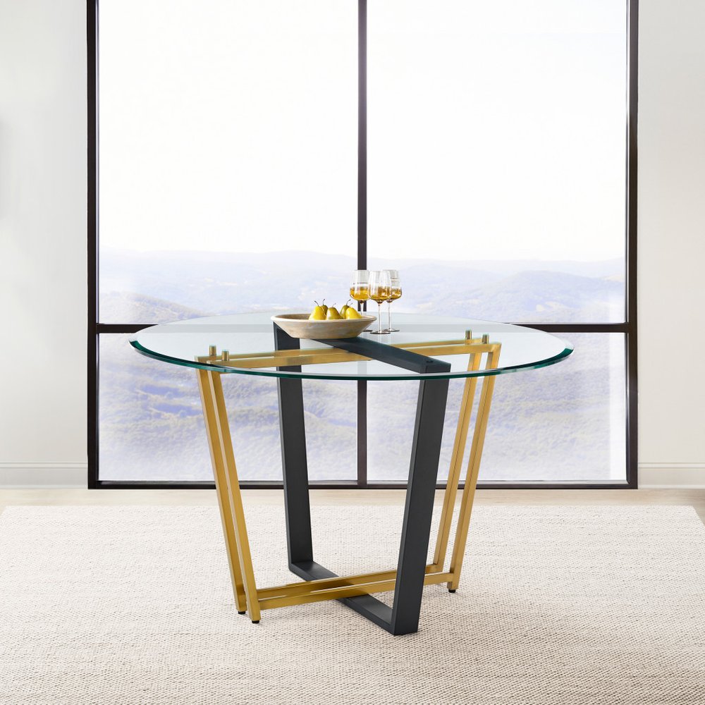Clear and Gold Glass and Iron Sled Base Round Top Dining Table - 48-inch