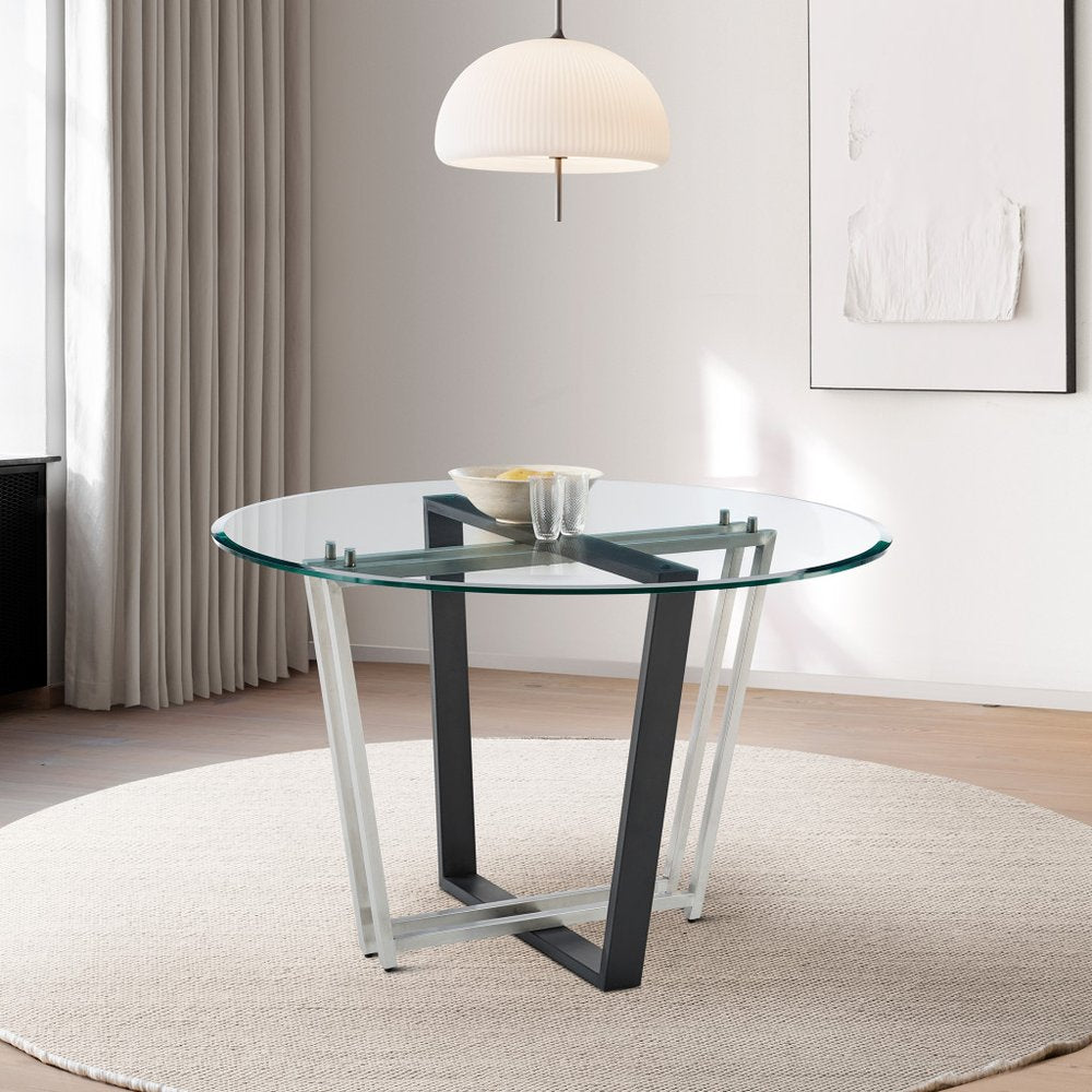 Clear and Black Glass and Iron Sled Base Round Top Dining Table - 48-inch