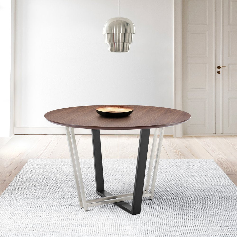 Brown and Black Iron Sled Base Round Top Dining Table - 48-inch