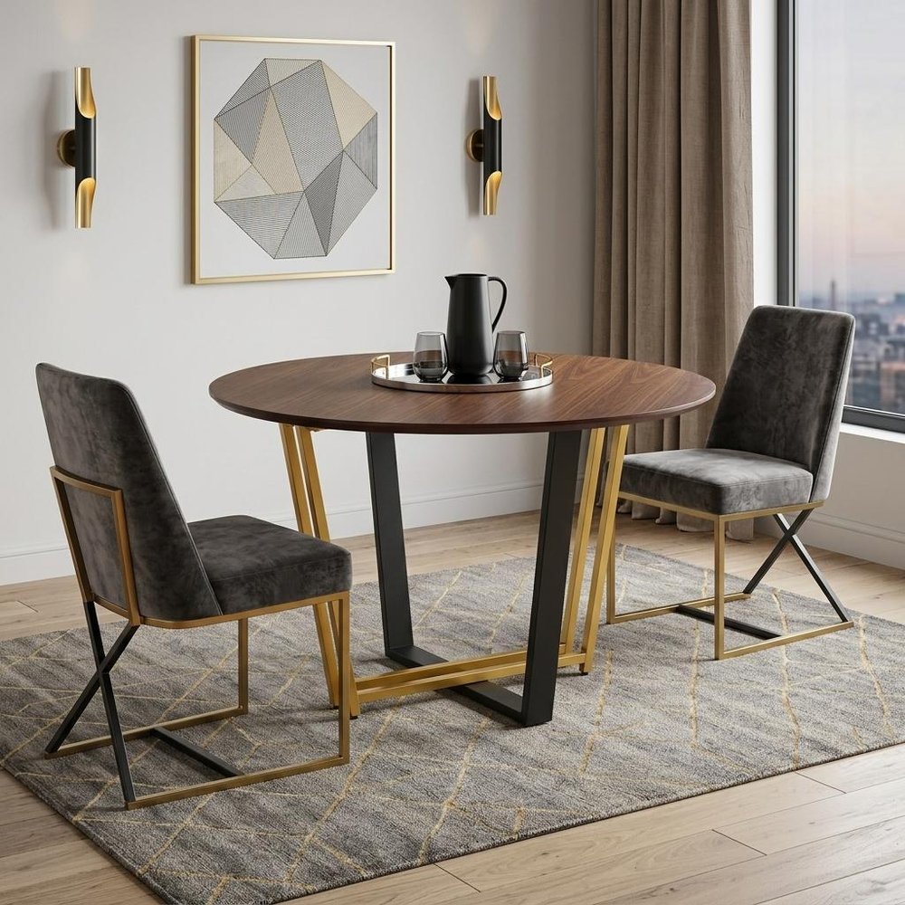 Brown and Gold Iron Sled Base Round Top Dining Table - 48-inch