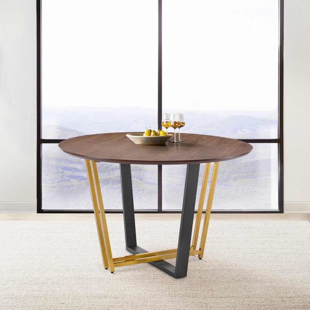 Brown and Gold Iron Sled Base Round Top Dining Table - 48-inch