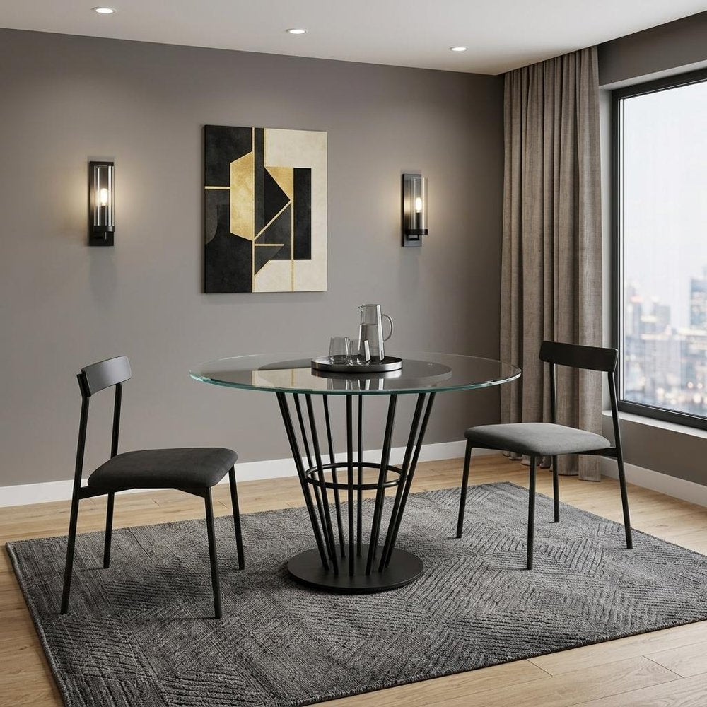 Clear and Black Glass and Iron Pedestal Base Round Top Dining Table - 48-inch
