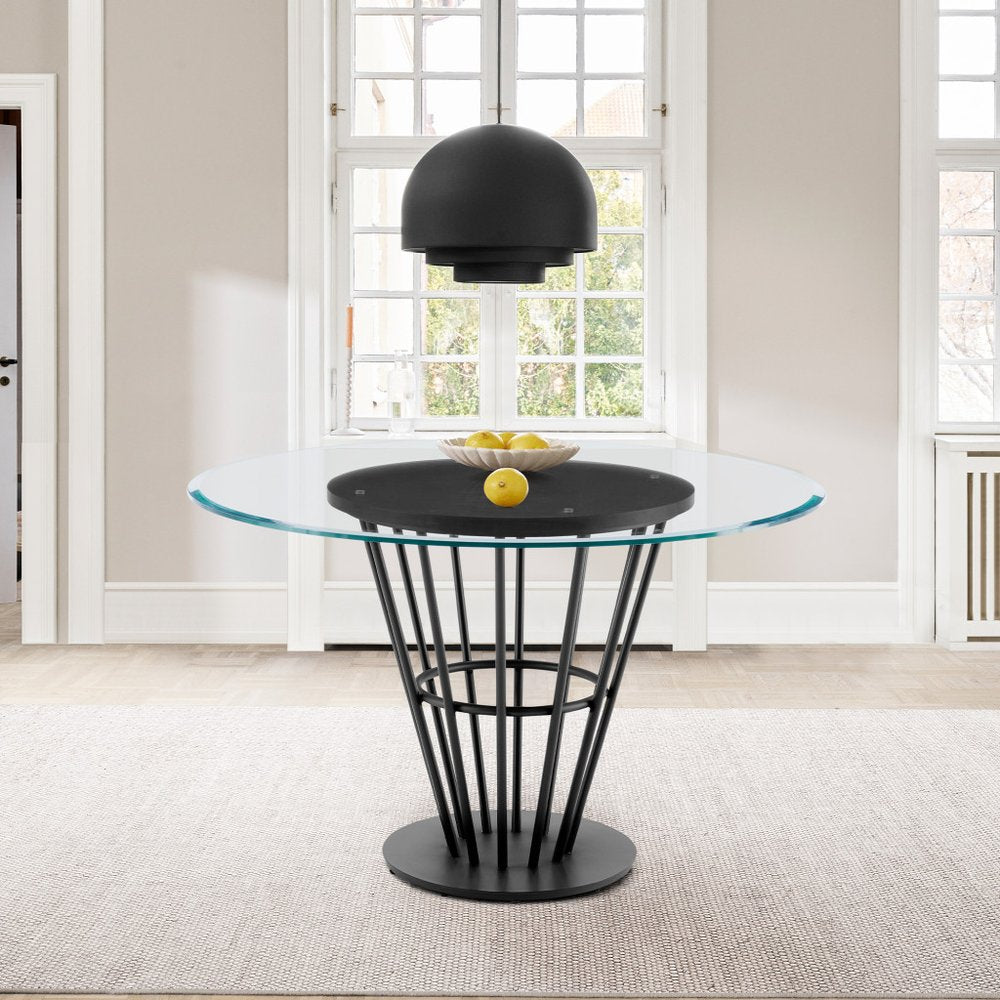 Clear and Black Glass and Iron Pedestal Base Round Top Dining Table - 48-inch