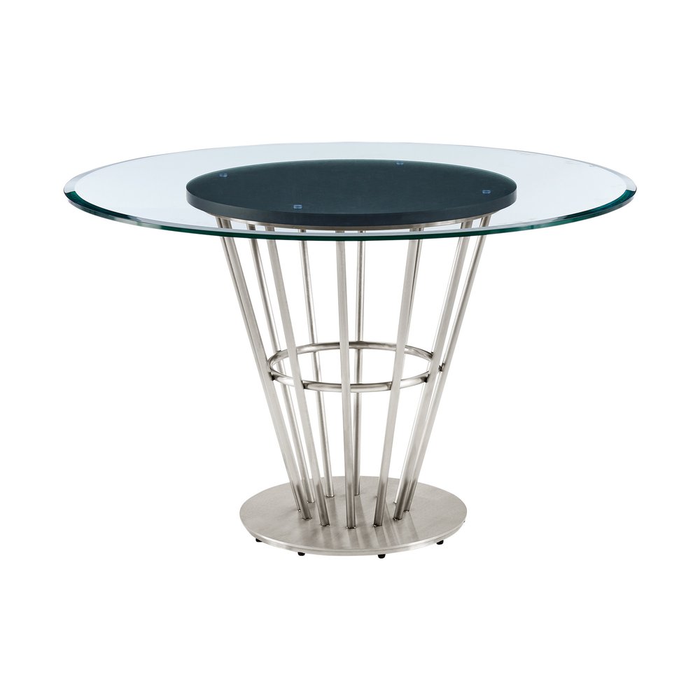 Clear and Silver Glass and Stainless Steel Pedestal Base Round Top Dining Table