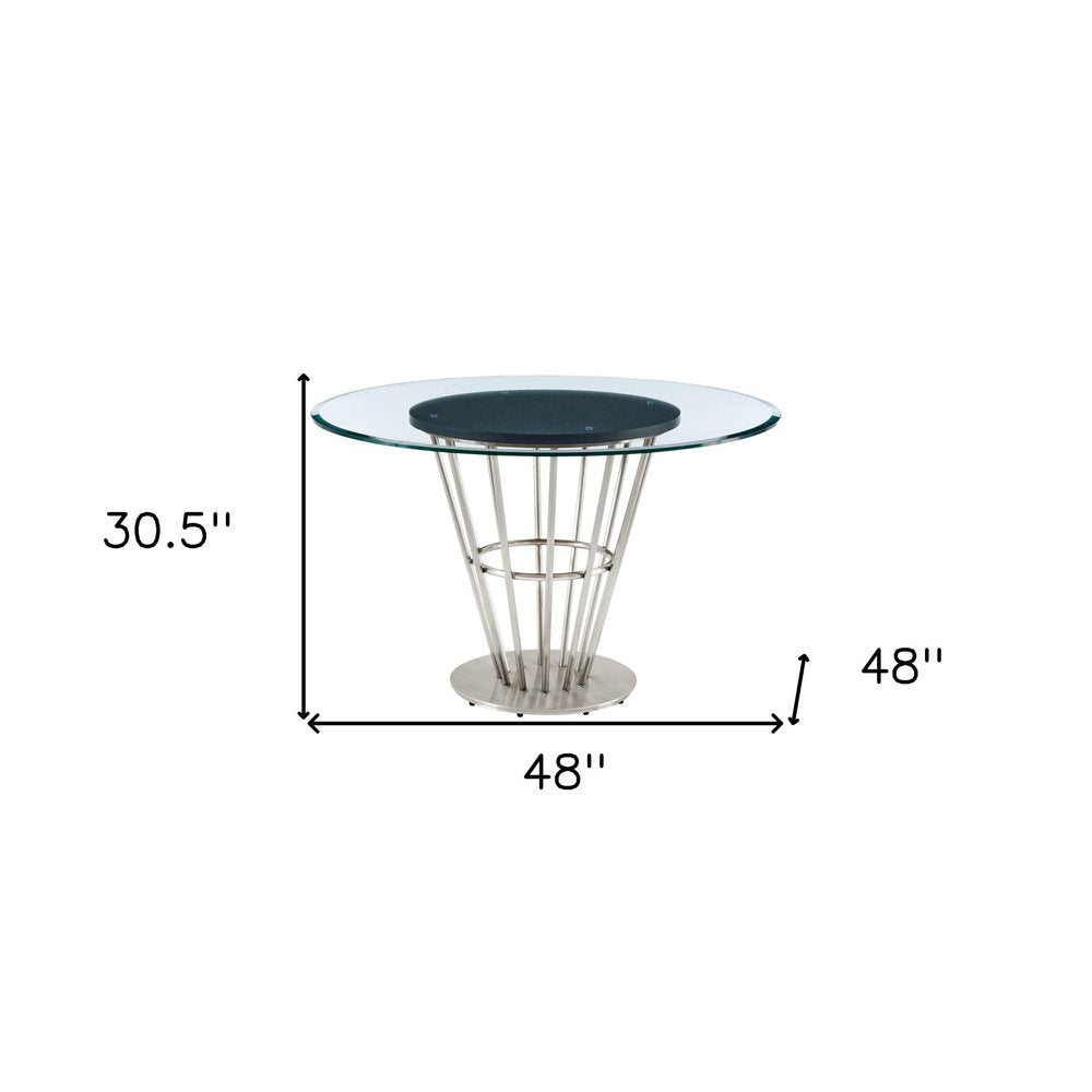 Clear and Silver Glass and Stainless Steel Pedestal Base Round Top Dining Table