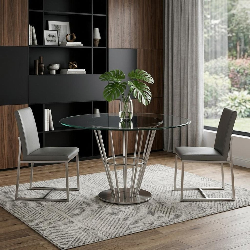 Clear and Silver Glass and Stainless Steel Pedestal Base Round Top Dining Table