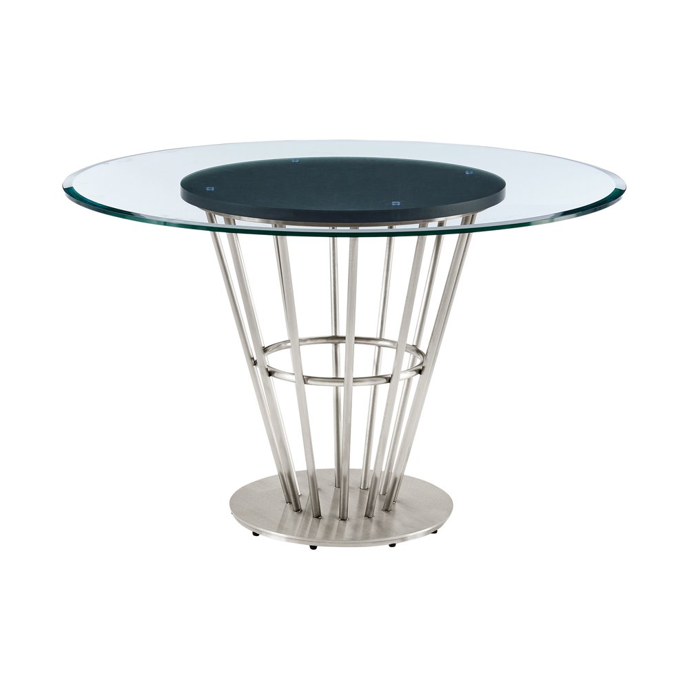 Clear and Silver Glass and Stainless Steel Pedestal Base Round Top Dining Table