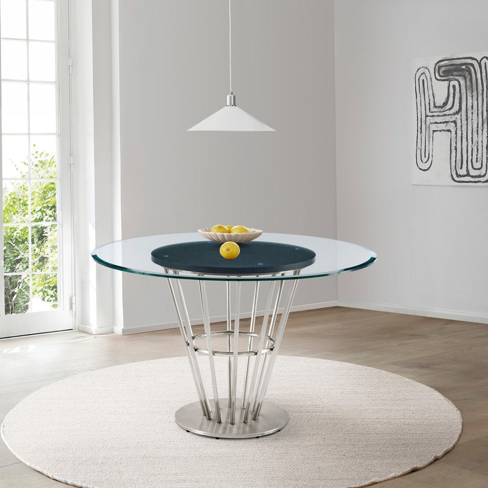 Clear and Silver Glass and Stainless Steel Pedestal Base Round Top Dining Table