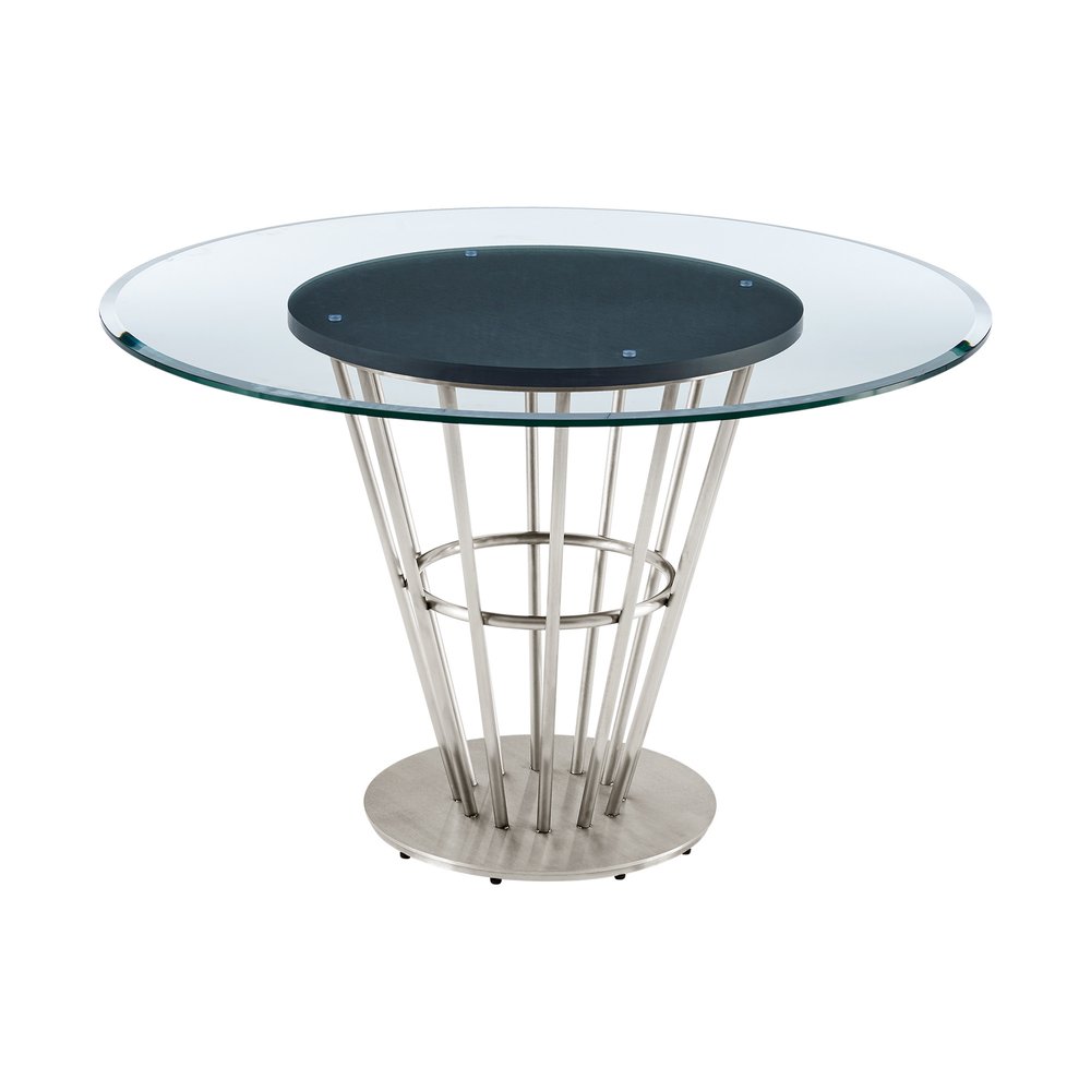Clear and Silver Glass and Stainless Steel Pedestal Base Round Top Dining Table